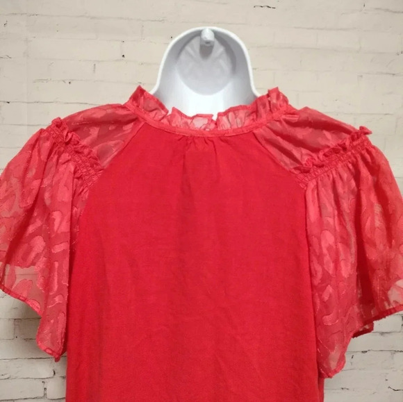 Umgee size Small Coral Orange Flutter Sleeves Tie Neck Top Blouse Boho - Picture 4 of 8